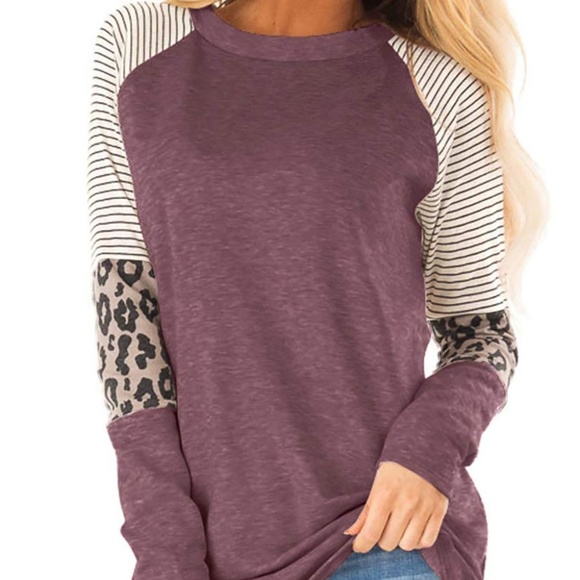 Tops - Striped and Leopard color block sleeves top
